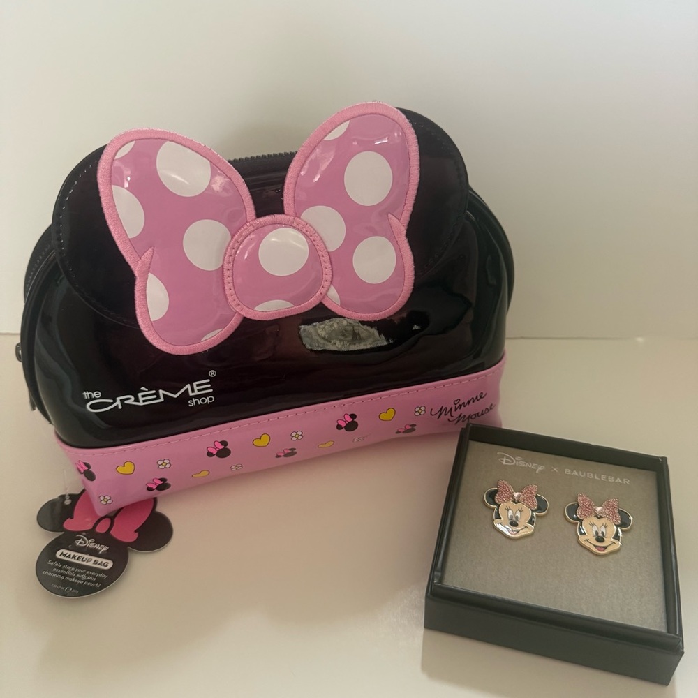 Disney Pink and Black Minnie Mouse Cosmetic Bag and BaubleBar Earrings